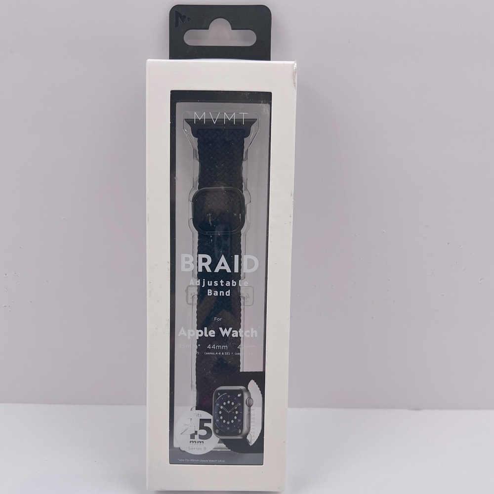 BRAID ADJUSTABLE APPLE WATCH BAND, CLOTH MATERIAL, FITS 45mm, 44mm, 42mm, BLACK